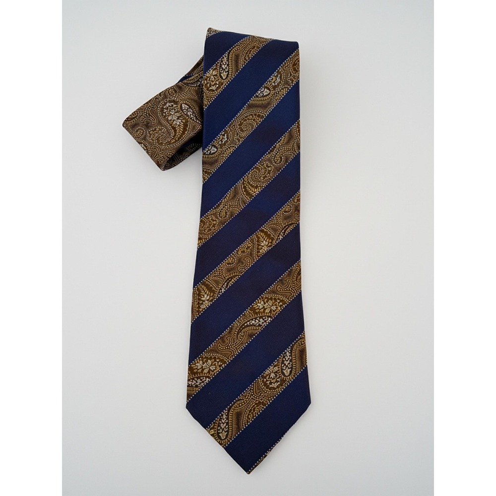 Vintage Italo Ferretti Italian Silk Necktie | Navy & Brown Striped Paisley